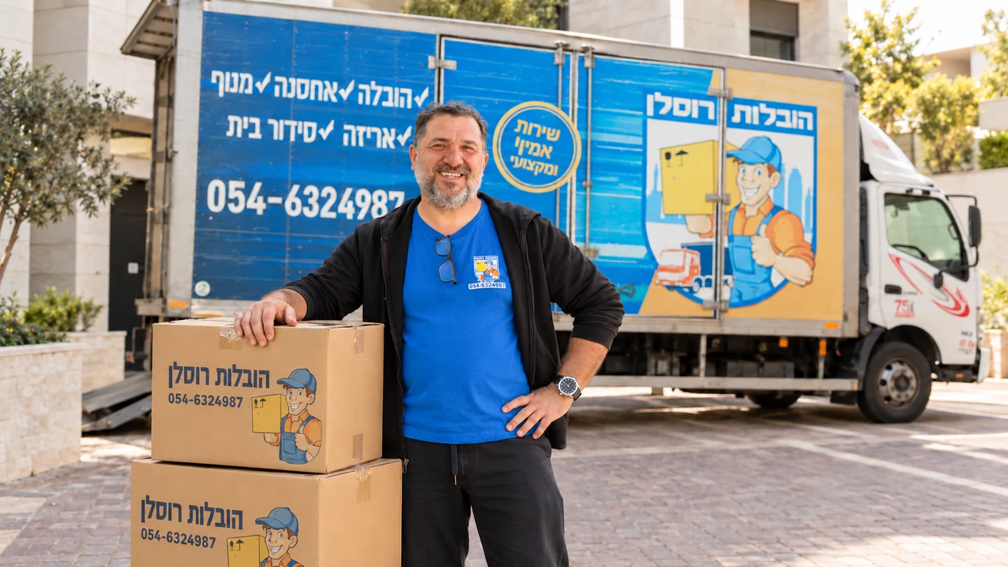 רוסלן לצד המשאית והארגזים של החברה